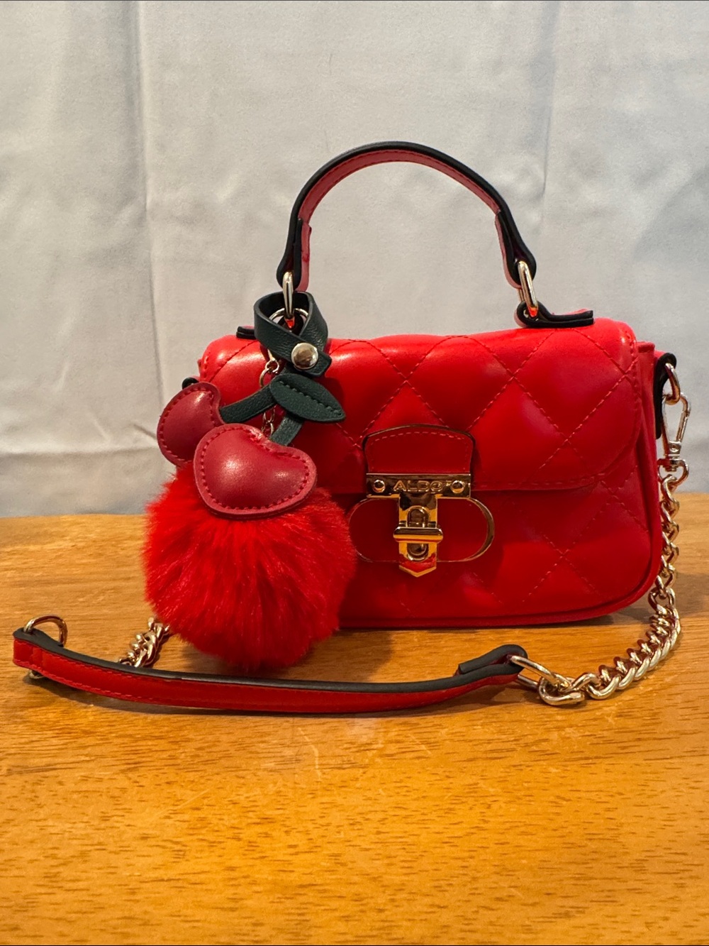 Aldo Red Quilted Mini Crossbody Top-Handle Bag with Pom and Cherry 🍒 Heart Charm